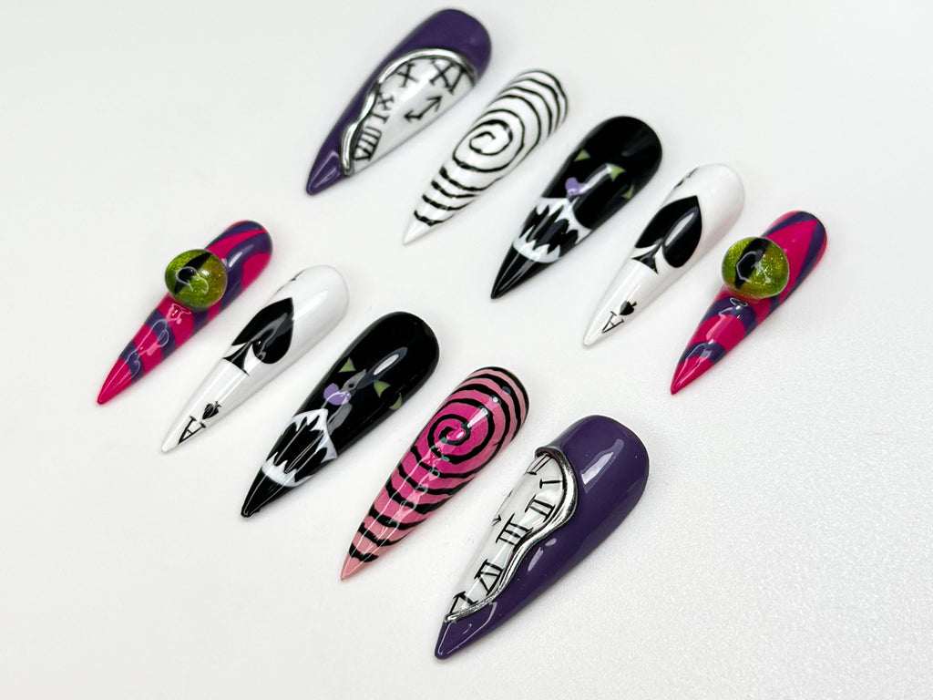 Cheshire Cat Wonderland Press On Nails |  Alice in Wonderland Nail Art | Playing Card & Spiral Illusion Nails | Halloween Nails | JB109HK