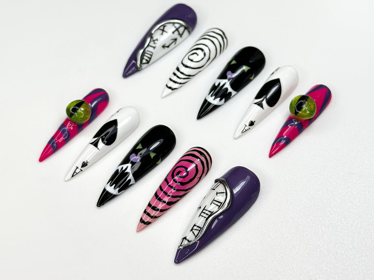 Cheshire Cat Wonderland Press On Nails |  Alice in Wonderland Nail Art | Playing Card & Spiral Illusion Nails | Halloween Nails | JB109HK