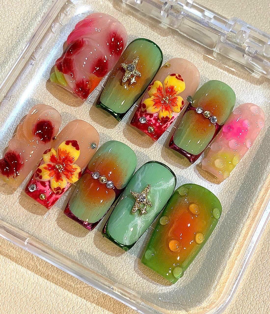 Tropical Hibiscus Press On Nails: 3D Flower Beach Nail Art