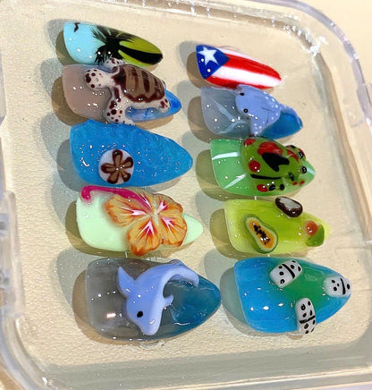 3D Tropical Ocean Press On Nails: Dolphin, Turtle & Hibiscus