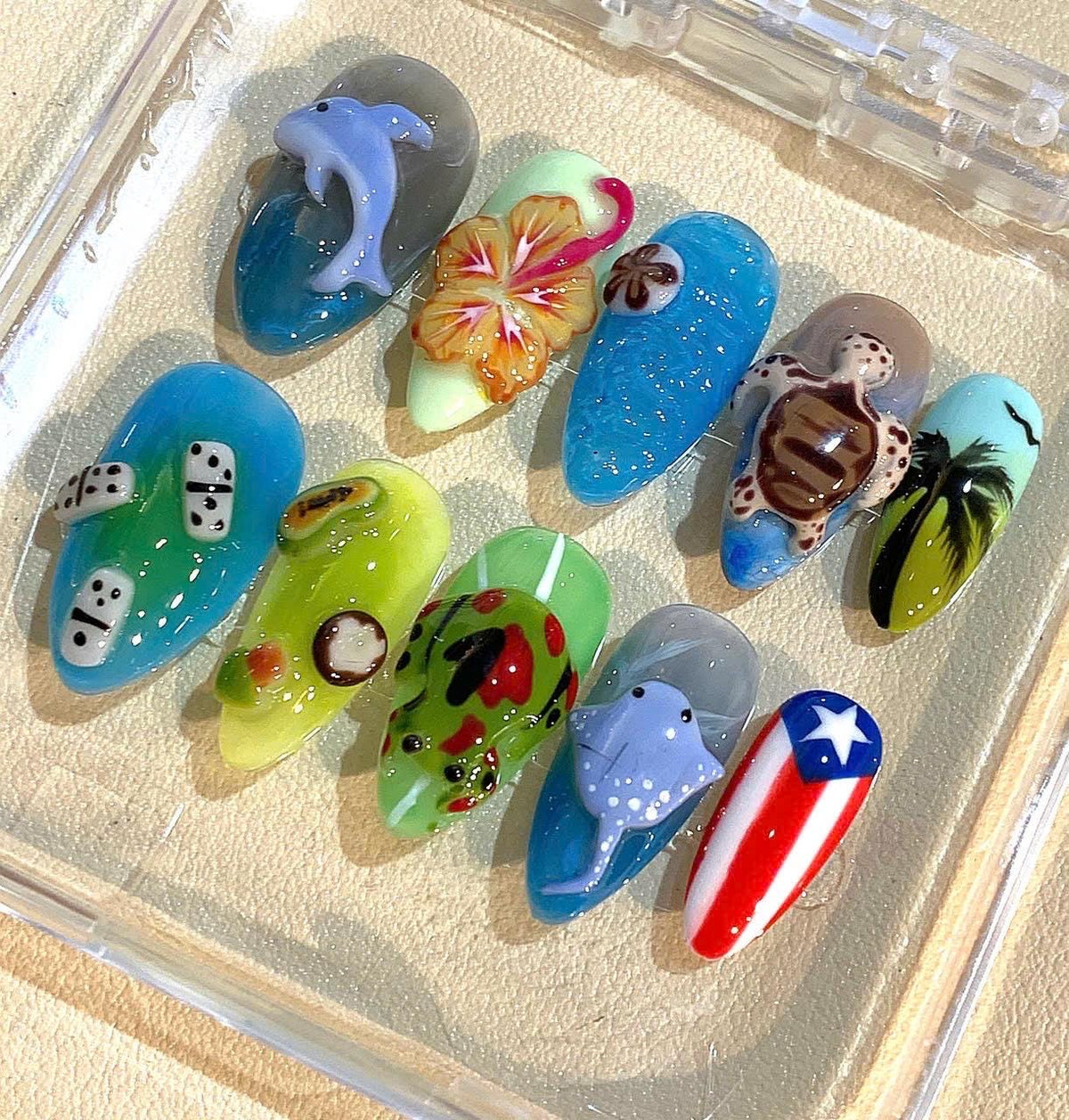 3D Tropical Ocean Press On Nails: Dolphin, Turtle & Hibiscus