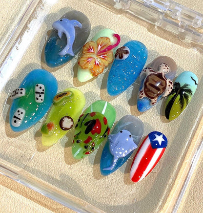 3D Tropical Ocean Press On Nails: Dolphin, Turtle & Hibiscus