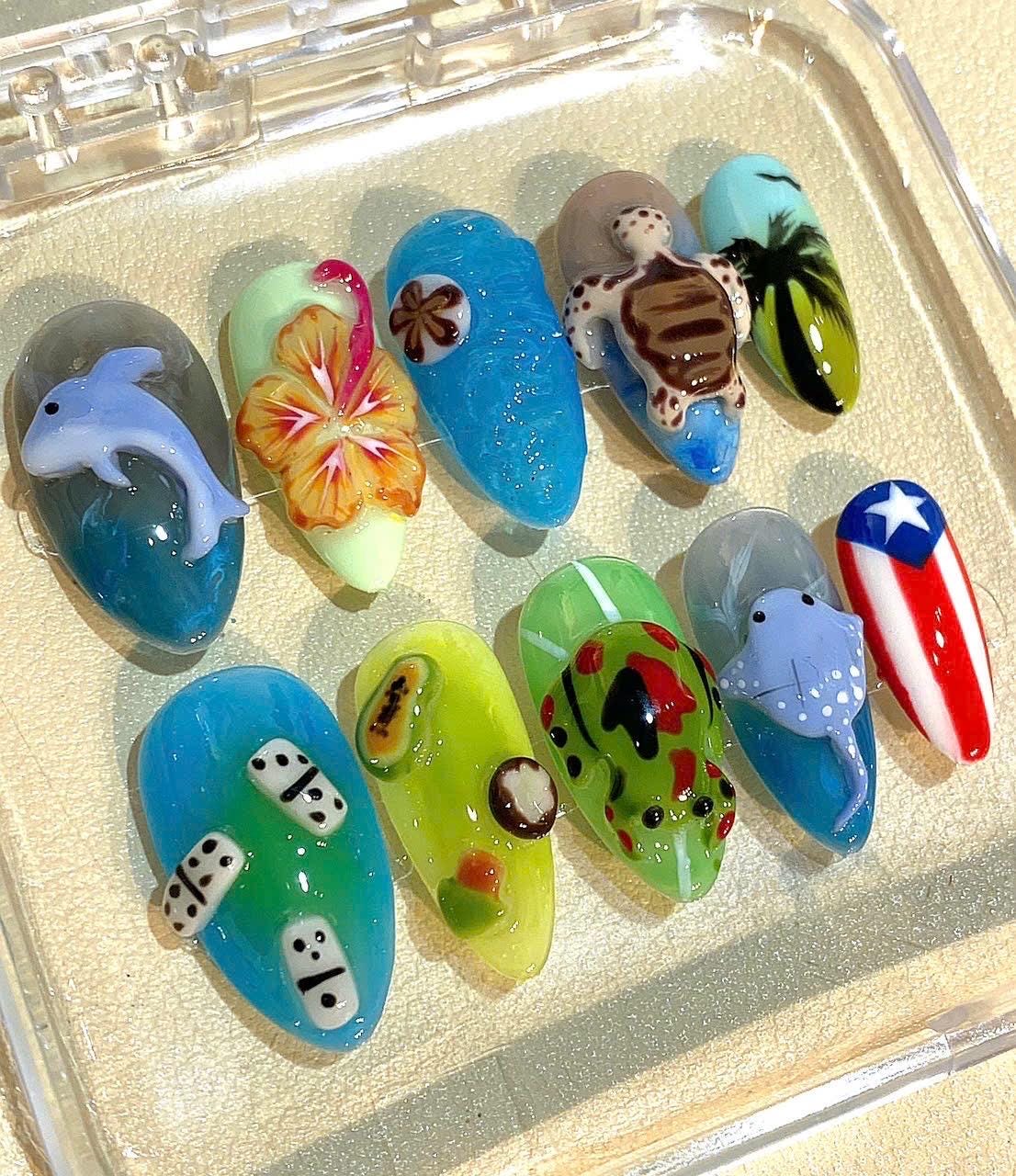 3D Tropical Ocean Press On Nails: Dolphin, Turtle & Hibiscus
