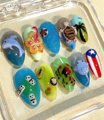 3D Tropical Ocean Press On Nails: Dolphin, Turtle & Hibiscus
