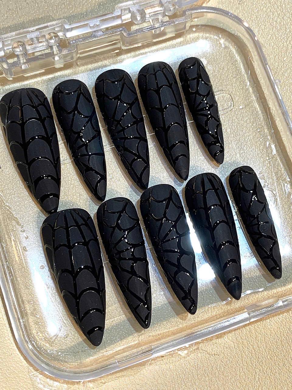 Black Spider Web Press On Nails: Gothic Stiletto Halloween Nail Art