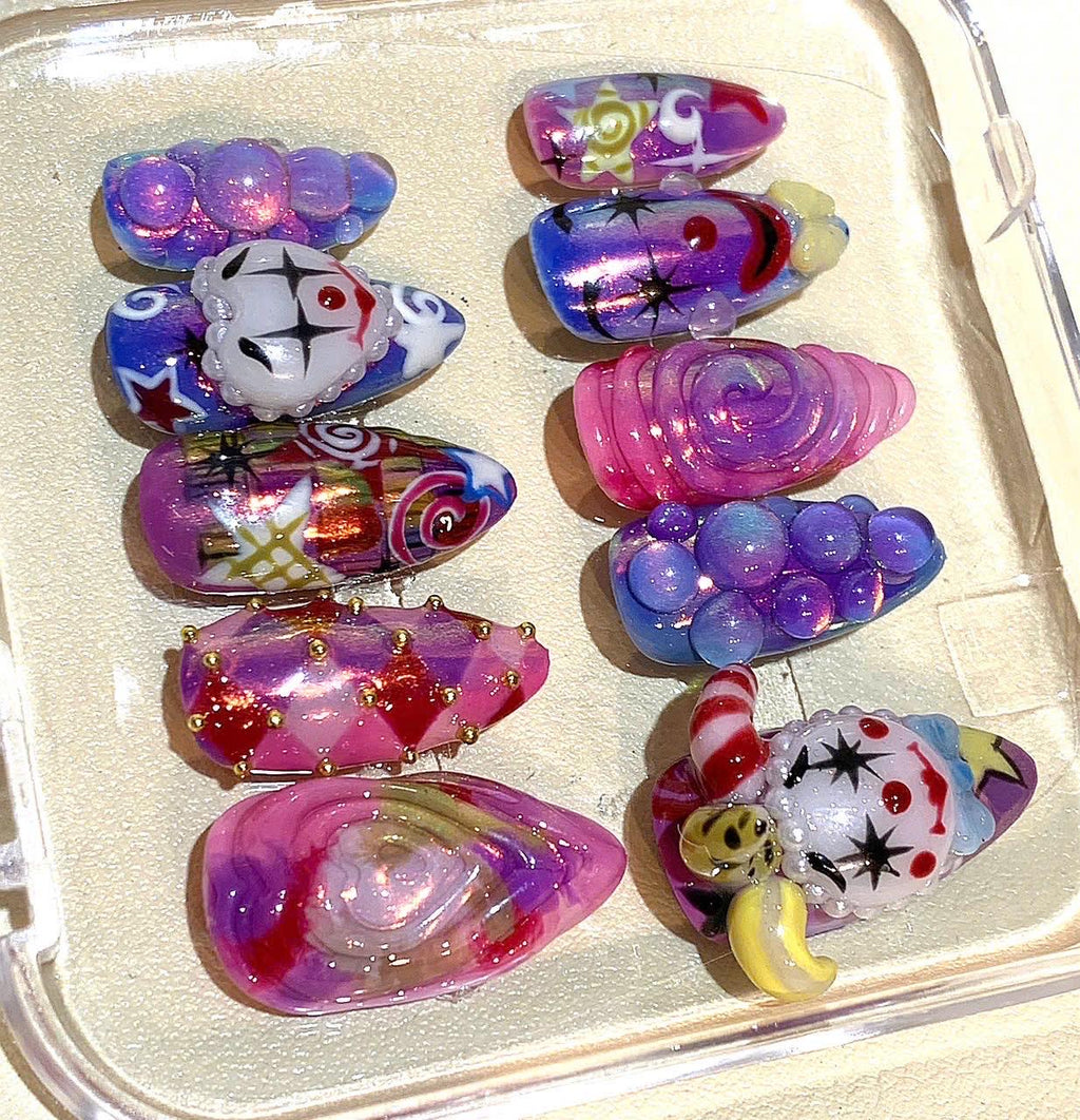 3D Clown Press On Nails: Handmade Harlequin Circus Nail Art