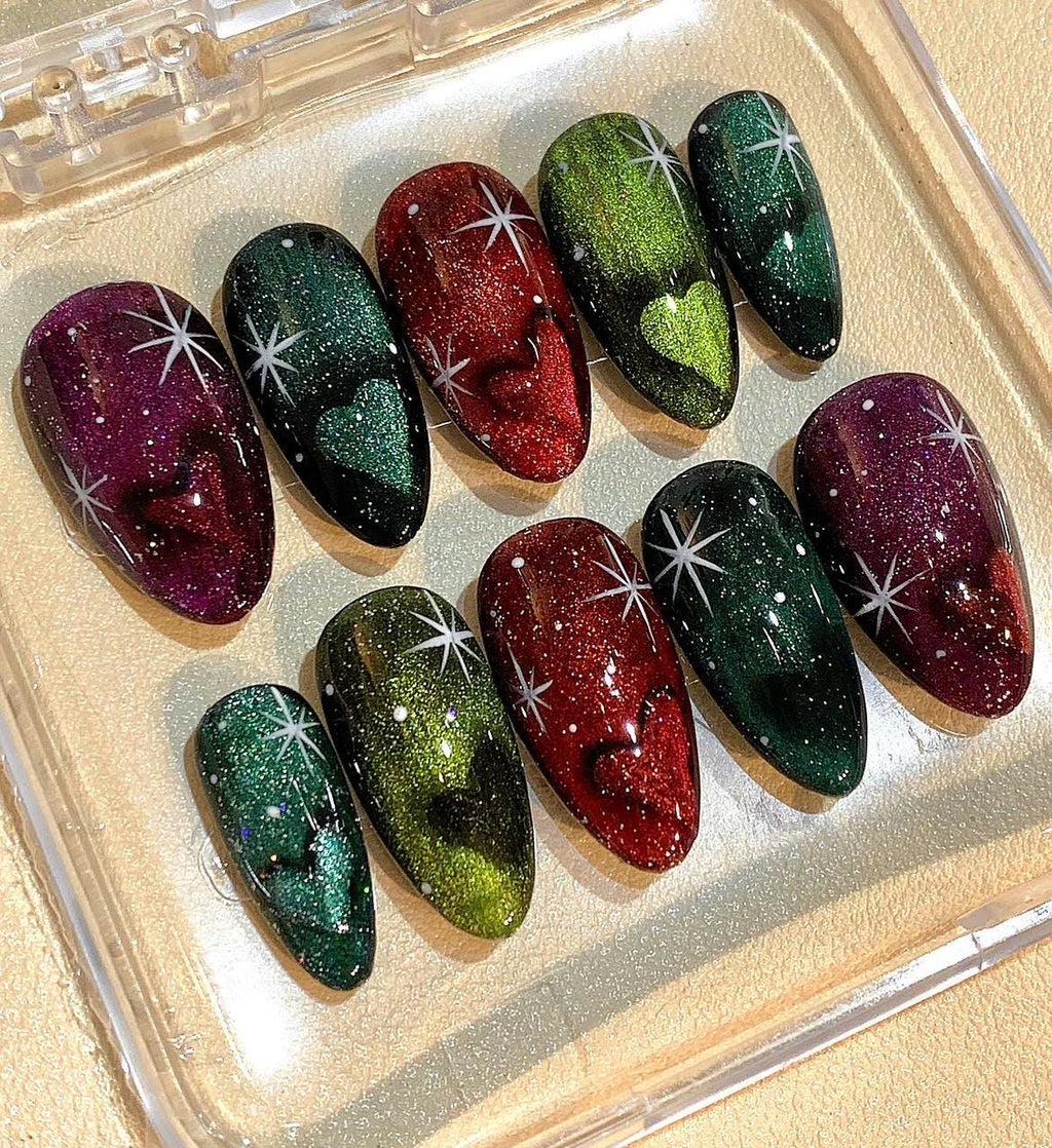 Galaxy Cat Eye Press On Nails: Handmade Starry Glitter Nail Art