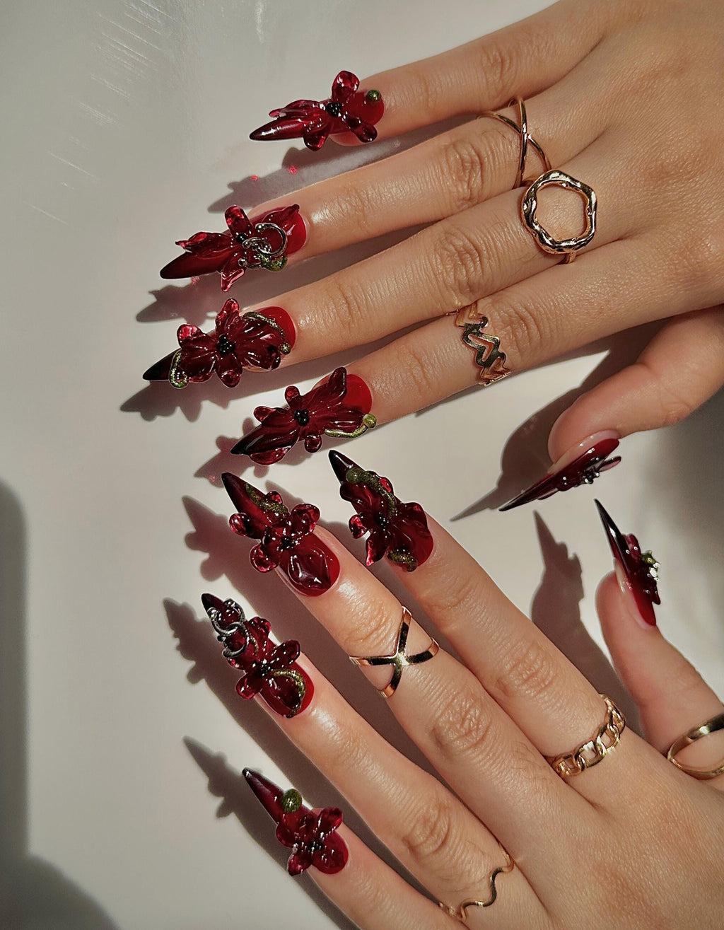 Crimson Orchid Luxury Press On Nails | 3D Dark Floral Nail Art | Red & Black Stiletto Nails | Gothic Glam Press Ons | Party Nail Set|JB113HK