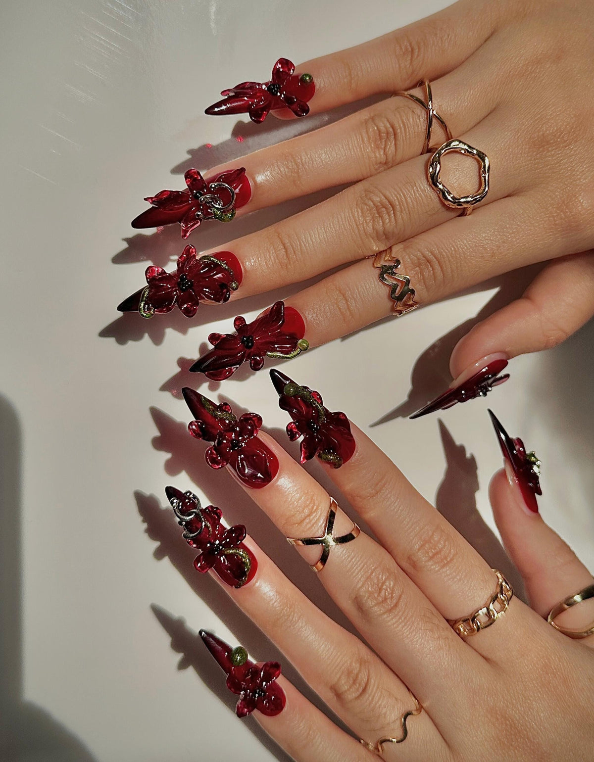 Crimson Orchid Luxury Press On Nails | 3D Dark Floral Nail Art | Red & Black Stiletto Nails | Gothic Glam Press Ons | Party Nail Set|JB113HK