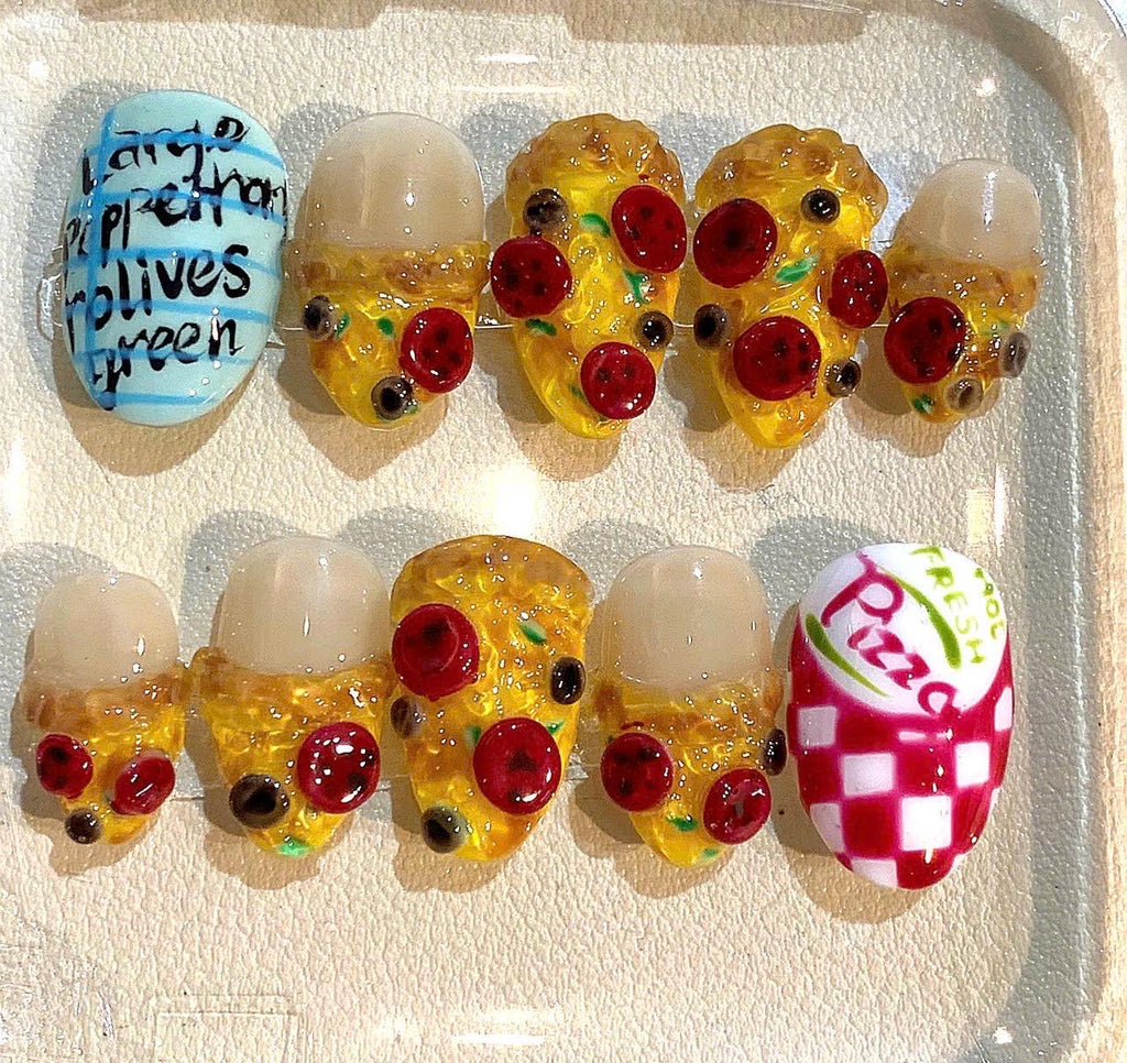 3D Pizza Press On Nails: Handmade Food Nail Art Set