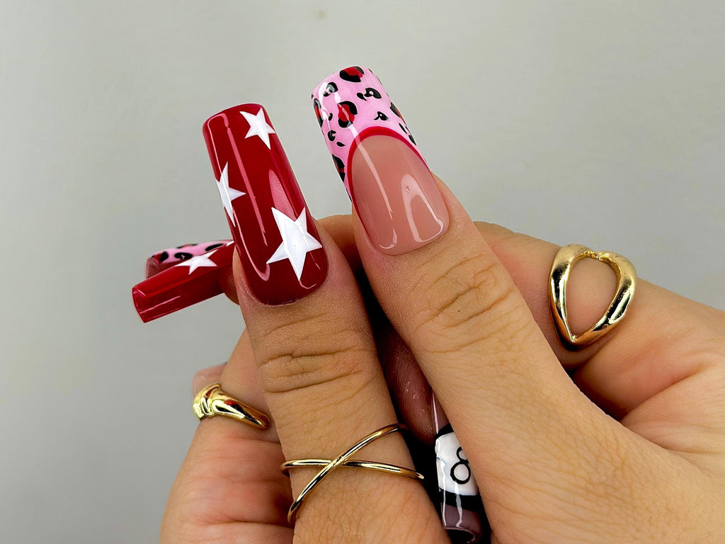 Retro Cherry Leopard Press On Nails | 8 Ball & Red Star Nail Art | Pink Leopard Print Nails | Handmade Pop Art Nail Set | JB115EC