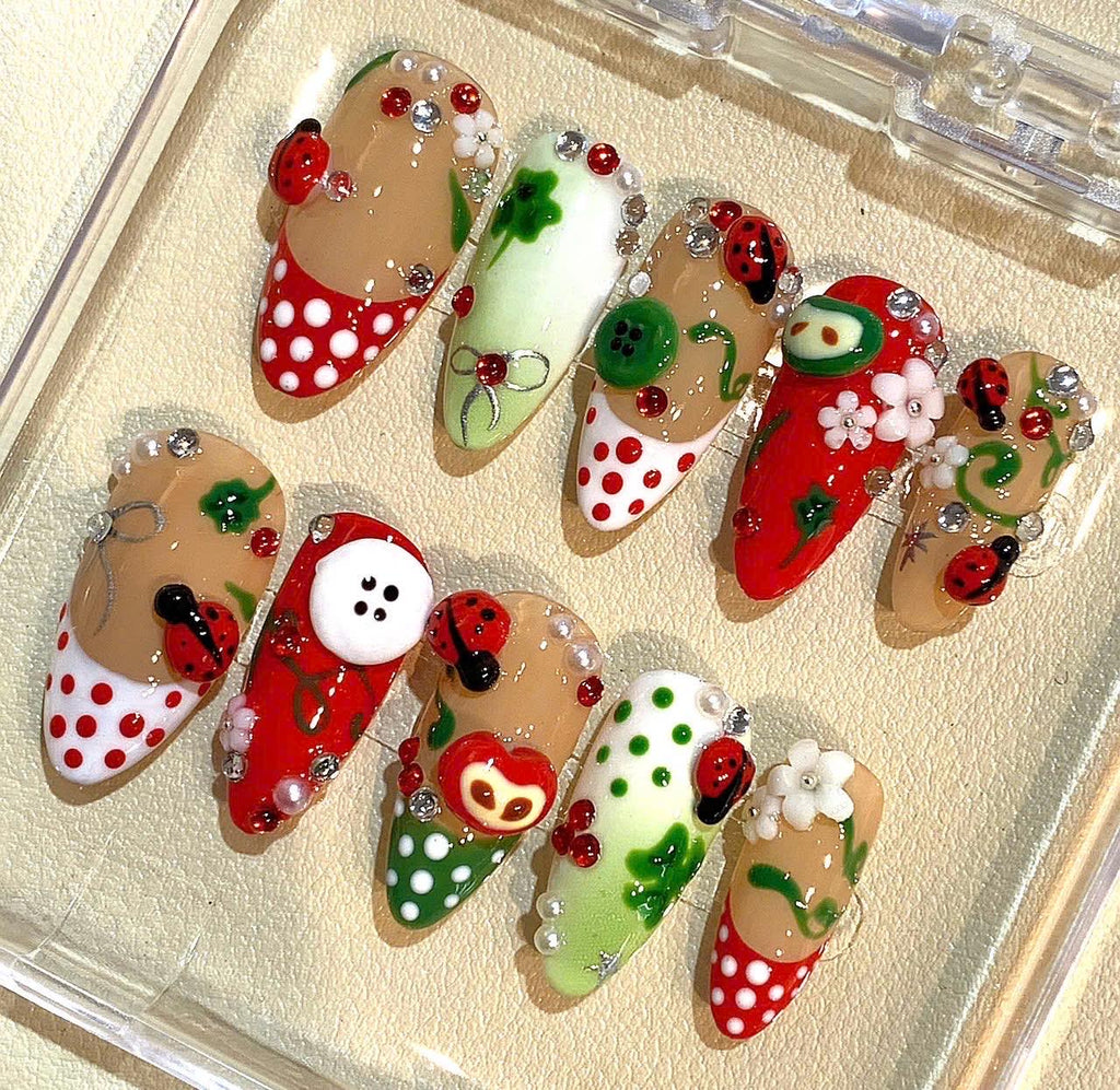3D Ladybug Press On Nails: Flower Button Nail Art, Reusable Red Green Fake Nails