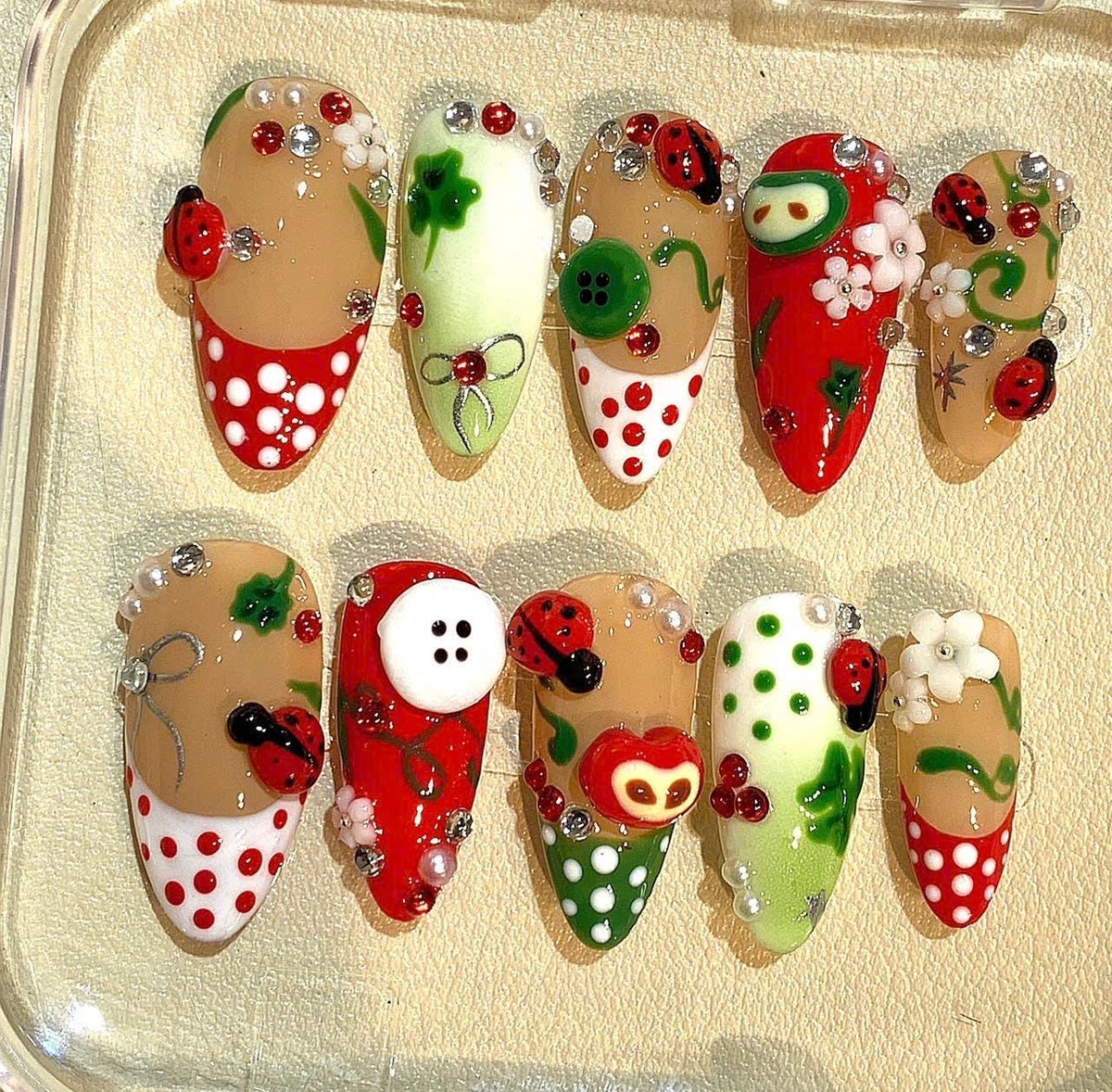 3D Ladybug Press On Nails: Flower Button Nail Art, Reusable Red Green Fake Nails