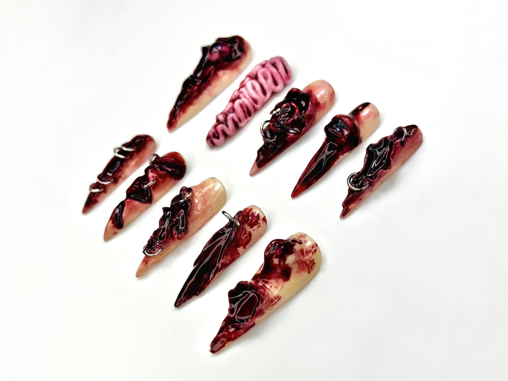 Bloody Gore Horror Press On Nails | 3D Brain & Wound Nail Art | Halloween Gore Special Effects Nails | Handmade Scary Nail Set | JB118EC