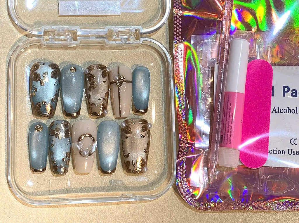 Blue Gold Leaf Press On Nails: Elegant Pearl Wedding Nail Art