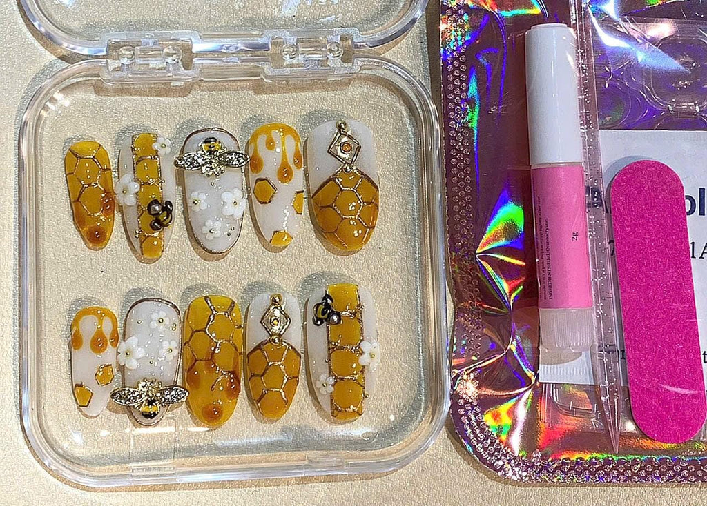Honeycomb Bee Press On Nails | Amber Gold Drip Nails | 3D Honey Bee Nail Art