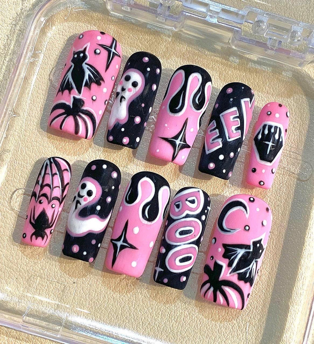 Pink & Black Halloween Press On Nails – Spooky Ghost Bat Art