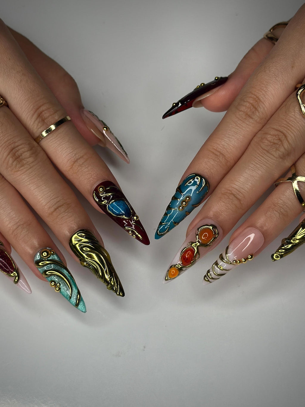 Colorful 3D Texture Press On Nails | 3D Gemstone Royalty  Nail Art | Handmade Luxury Statement Nails | Elegant Fantasy Nail Set | JB148HK