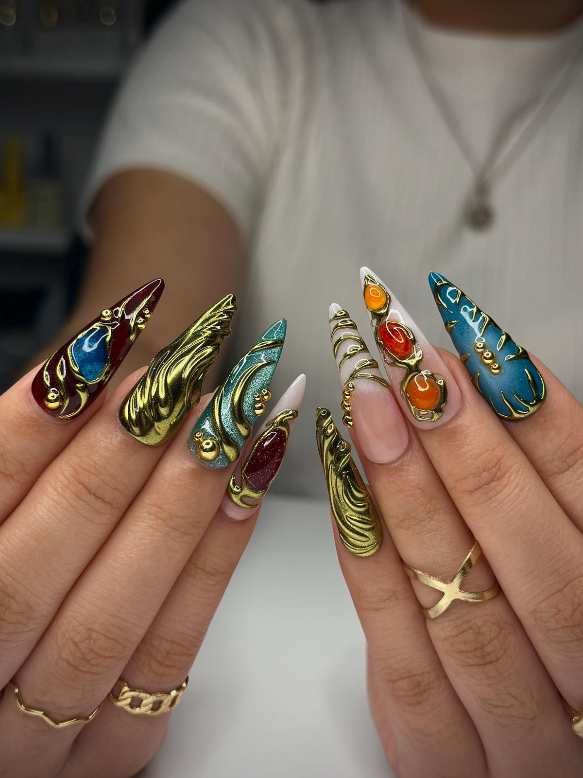 Colorful 3D Texture Press On Nails | 3D Gemstone Royalty  Nail Art | Handmade Luxury Statement Nails | Elegant Fantasy Nail Set | JB148HK