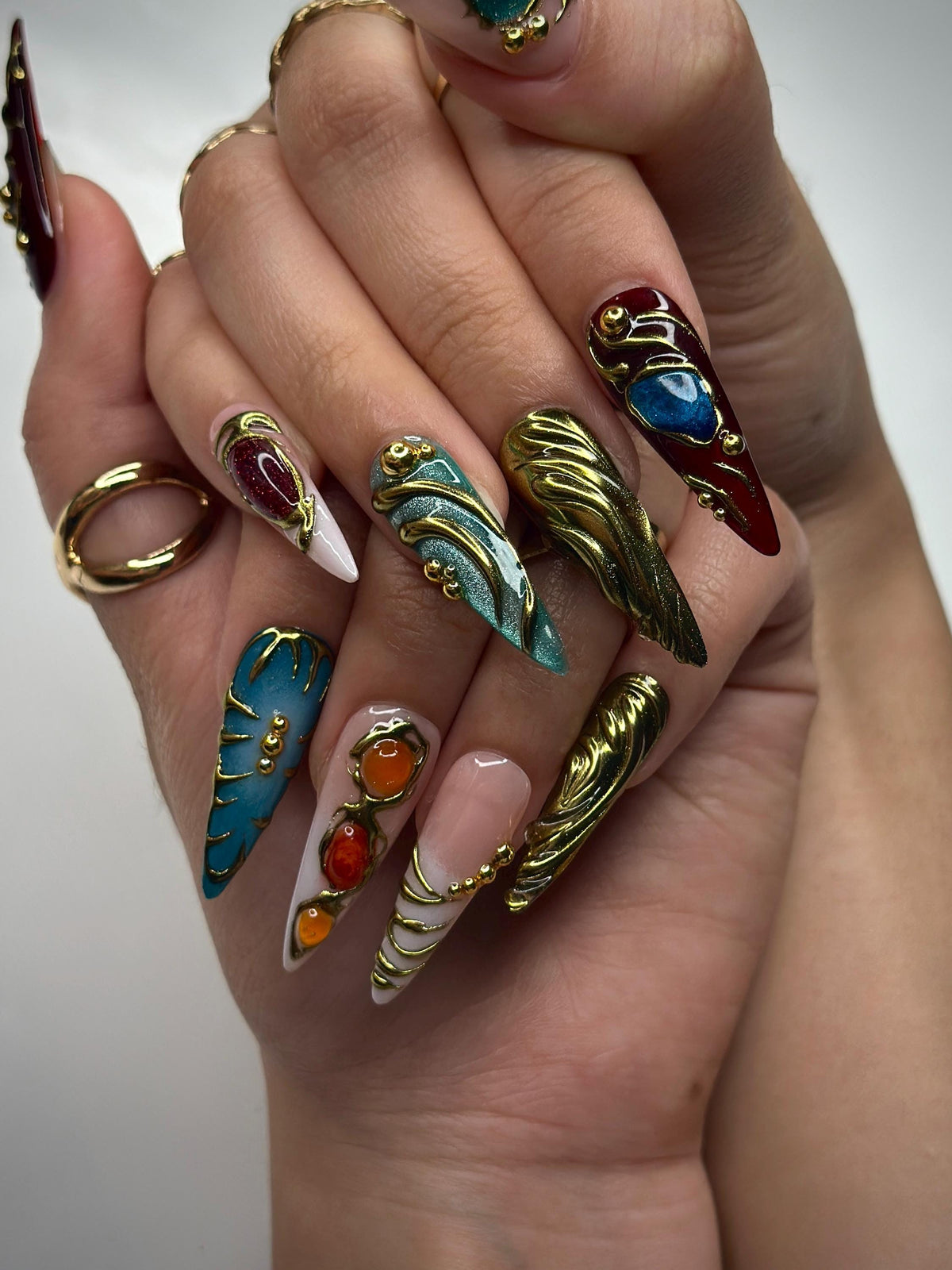 Colorful 3D Texture Press On Nails | 3D Gemstone Royalty  Nail Art | Handmade Luxury Statement Nails | Elegant Fantasy Nail Set | JB148HK
