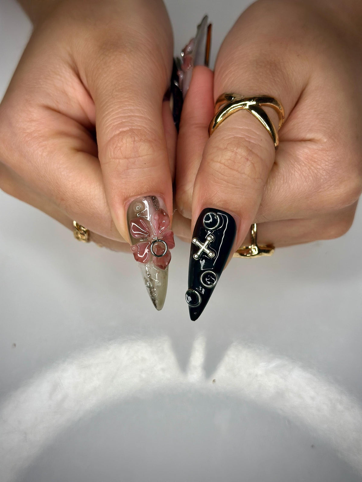 Dark Fantasy Sculpture Press On Nails | 3D Metallic Face Art | Gothic Chains & Abstract Accents | Handmade Nails | Avant-Garde Nail| JB149HK
