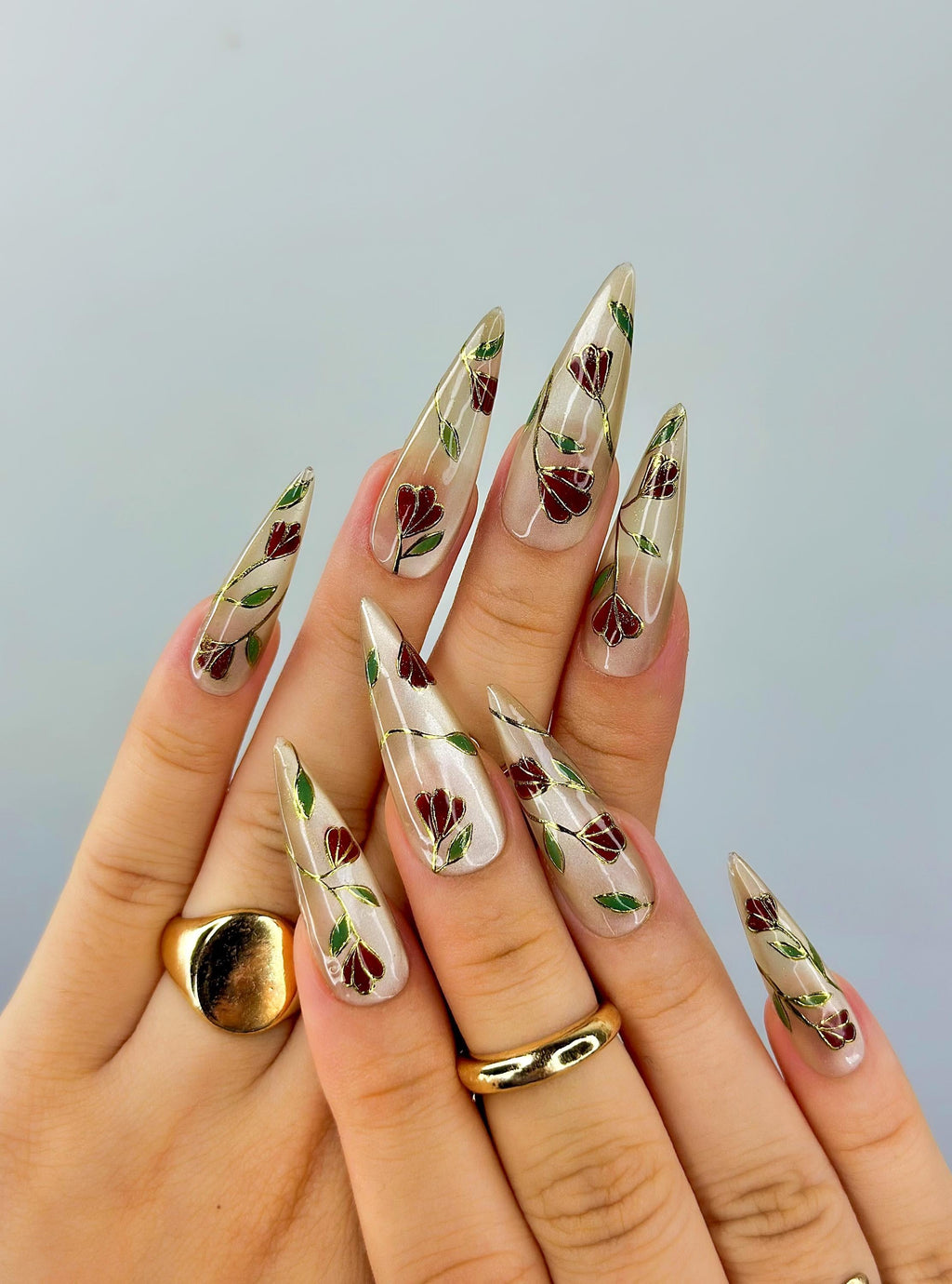 Golden Garden Elegance Press On Nails | Metallic Floral Stiletto Tips |Hand-Painted Gold & Burgundy Leaf Design | Luxury Long Nail | JC120EK