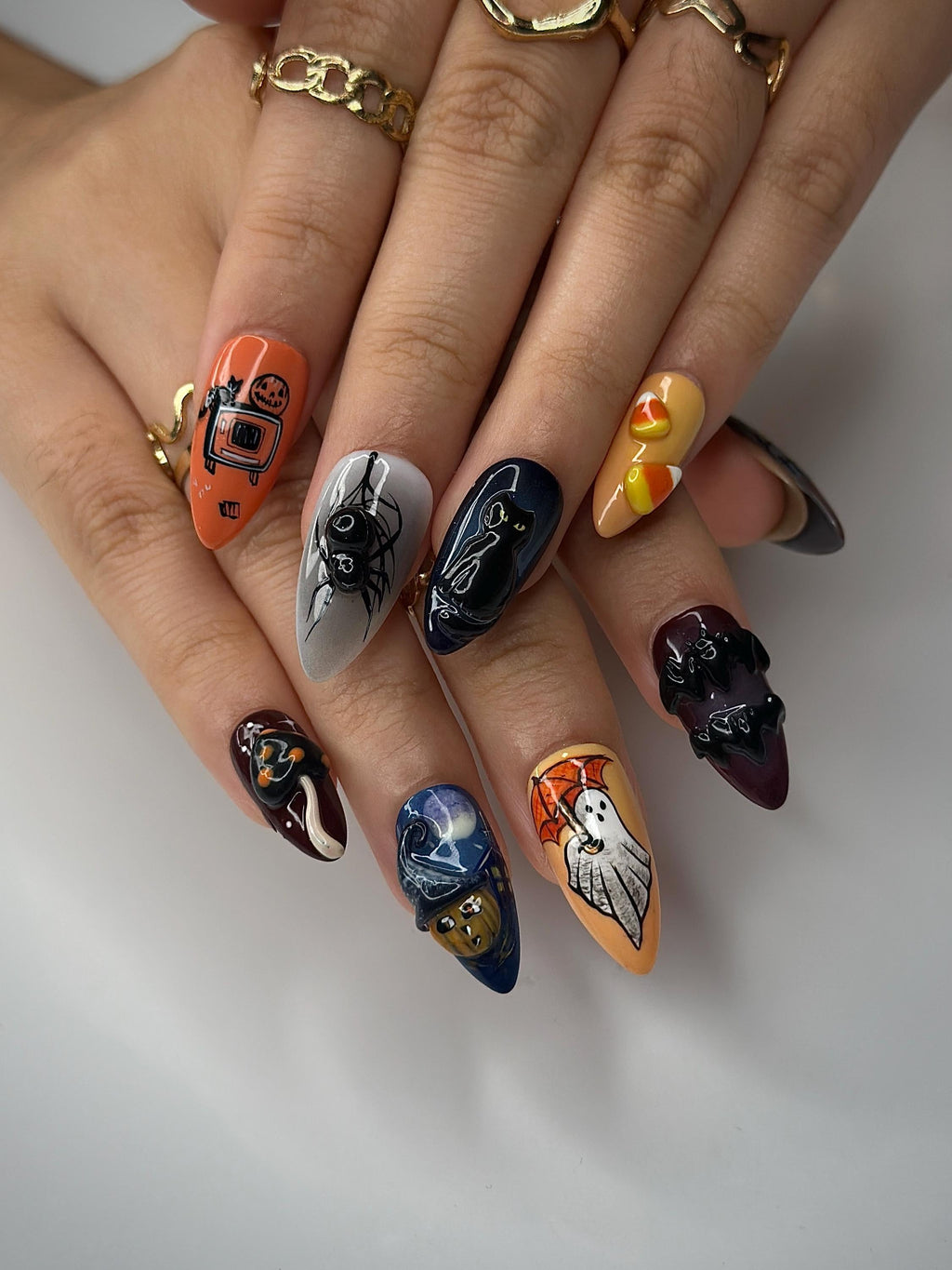 Halloween Ghost Press On Nails | Spooky Cat & Candy Corn Press Ons | Handpainted Haunted House Nails | Cute Witchy Halloween Nails | JB100HC