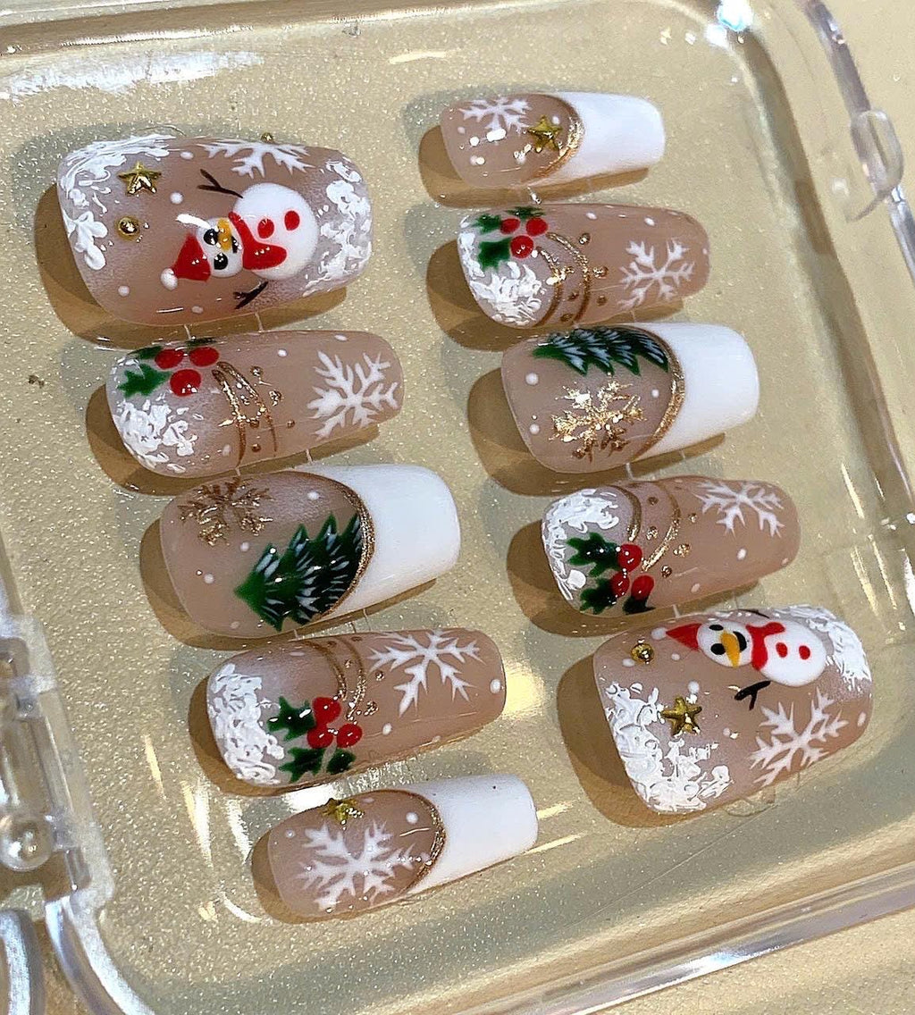 3D Snowman Christmas Press On Nails: Handmade Holiday Nail Set