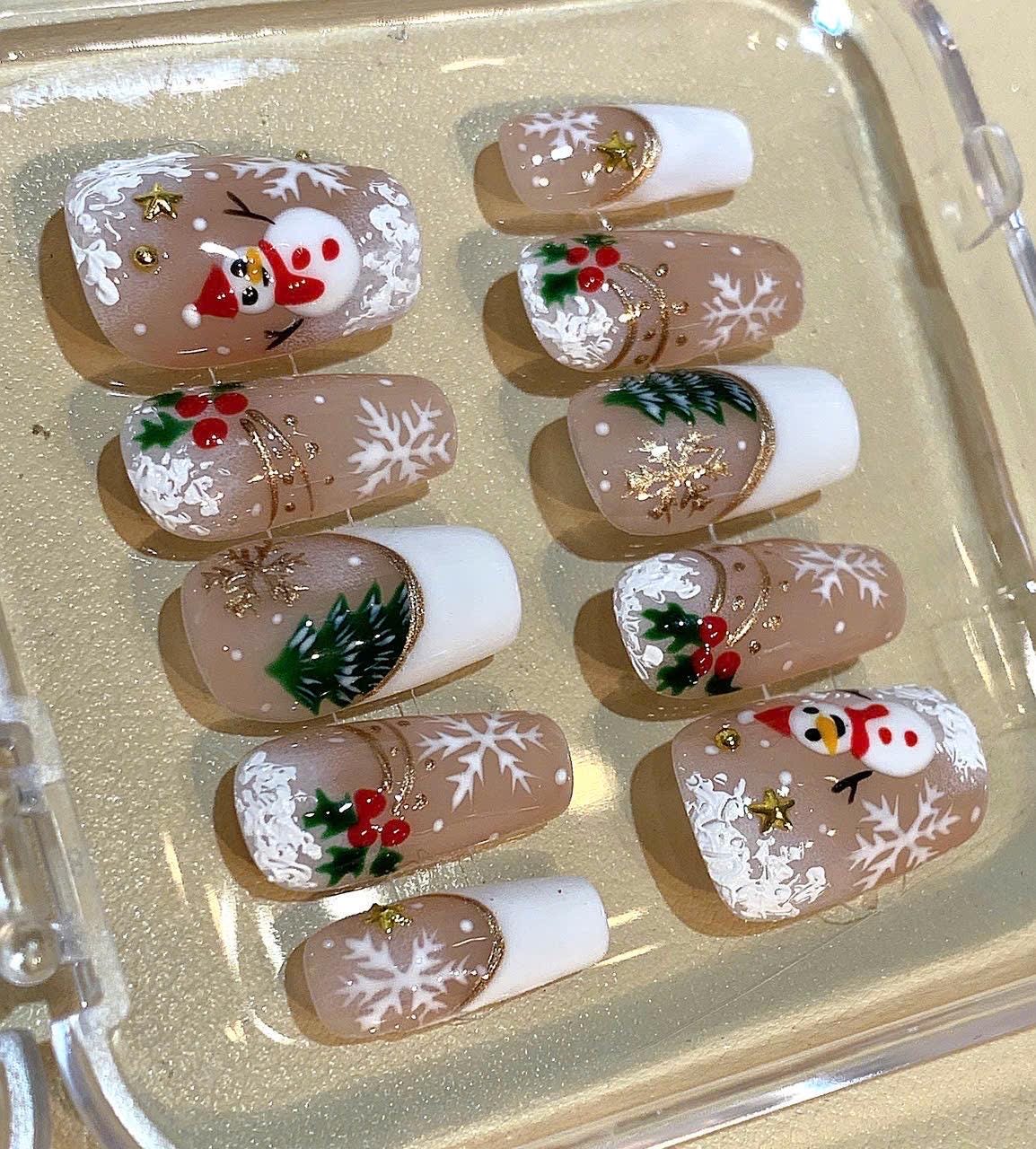 3D Snowman Christmas Press On Nails: Handmade Holiday Nail Set