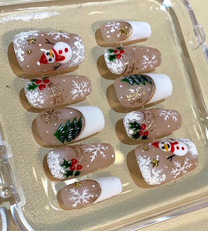 3D Snowman Christmas Press On Nails: Handmade Holiday Nail Set
