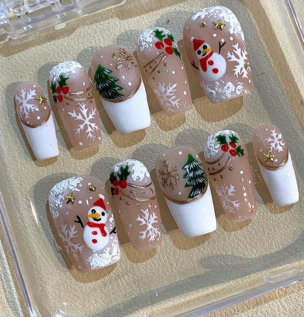 3D Snowman Christmas Press On Nails: Handmade Holiday Nail Set