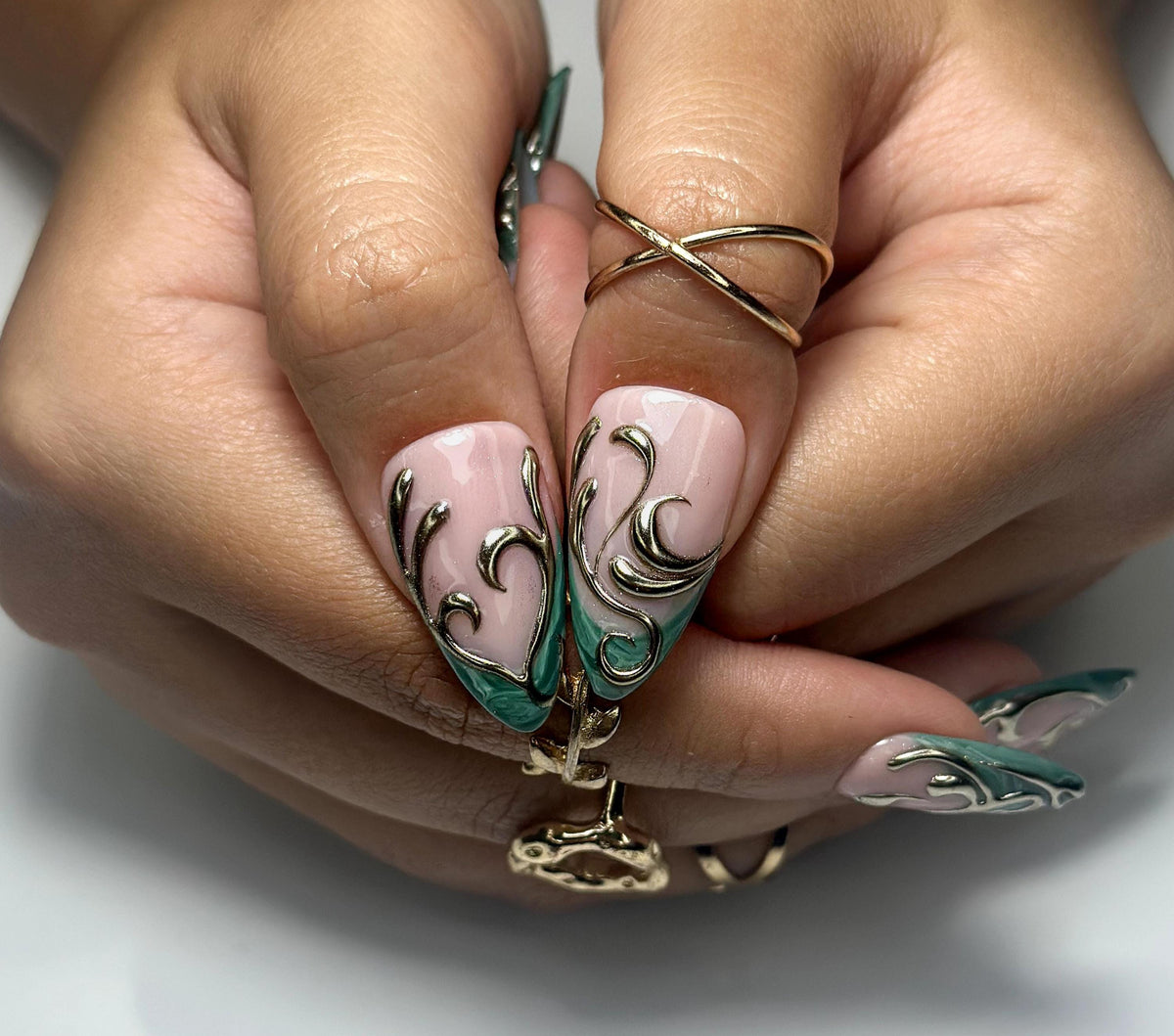 Enchanted Emerald Swirl Press On Nails | Luxurious Green & Gold Nail Art | 3D Baroque-Inspired Details | Long Almond Statement Set | JB158EC