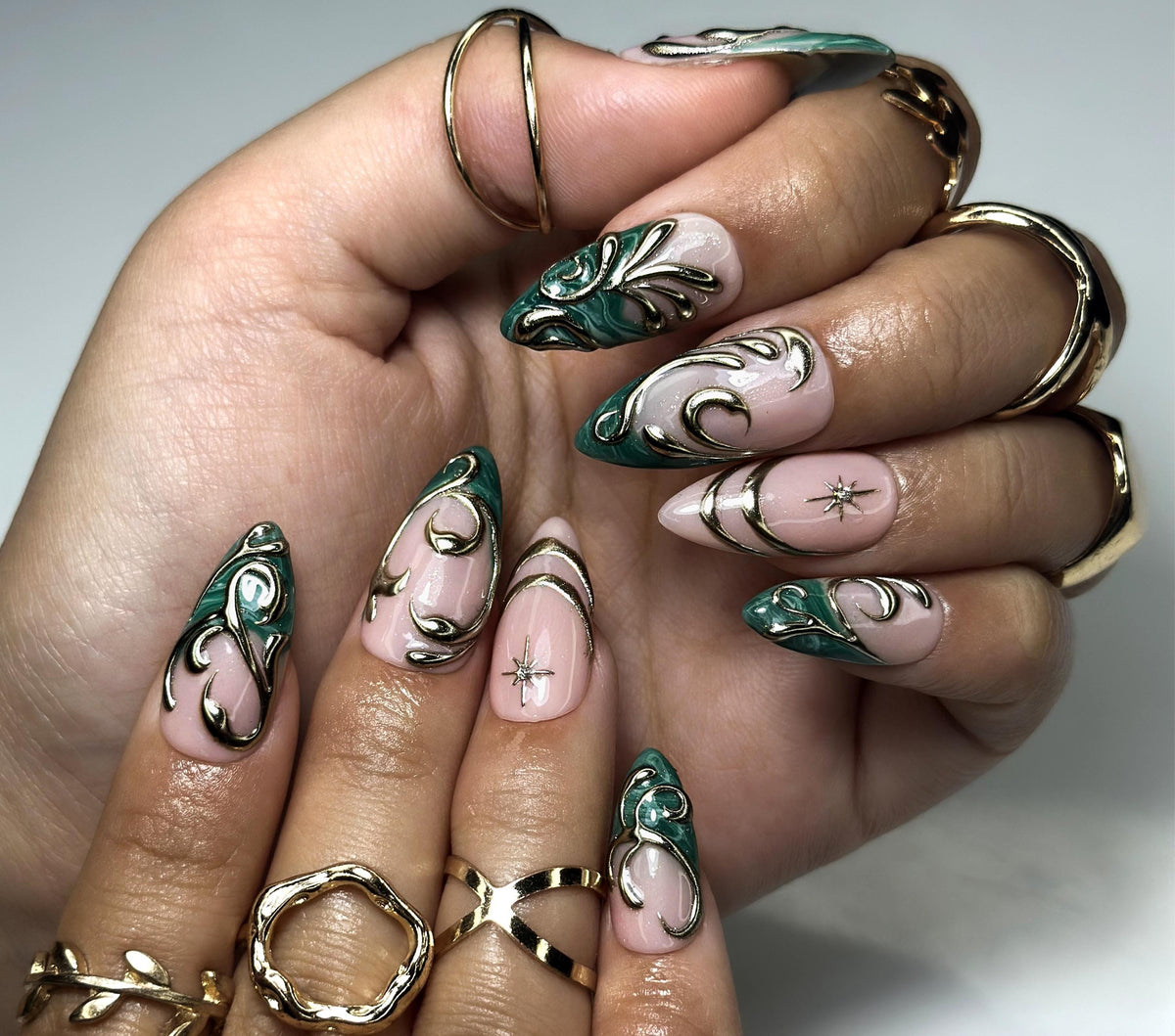 Enchanted Emerald Swirl Press On Nails | Luxurious Green & Gold Nail Art | 3D Baroque-Inspired Details | Long Almond Statement Set | JB158EC