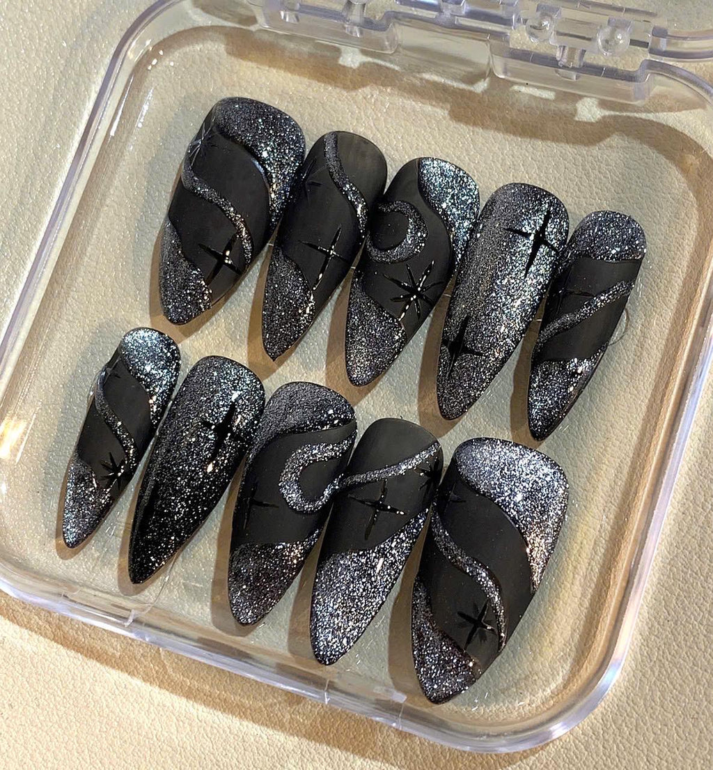 Black Glitter Stiletto Press On Nails: Moon & Star Nail Art