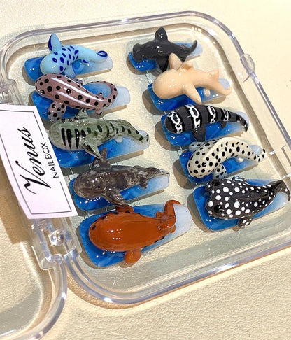 3D Shark Press On Nails: Handmade Ocean Animal Nail Art Set