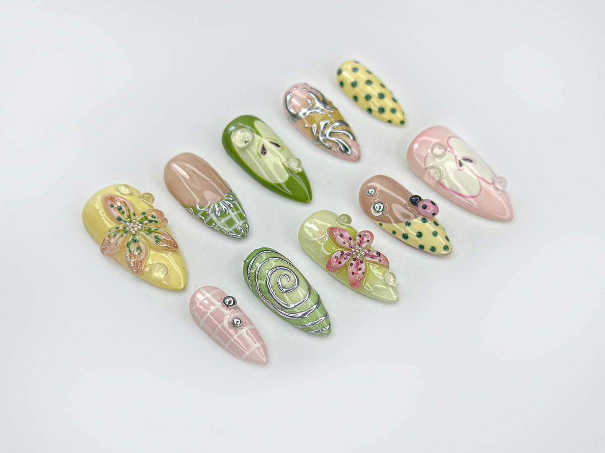 Green Garden Press On Nails | 3D Floral Accents, Ladybug Charms & Whimsical Pastel Nail Art | Handmade Nature-Inspired Nail Set | JB123EC