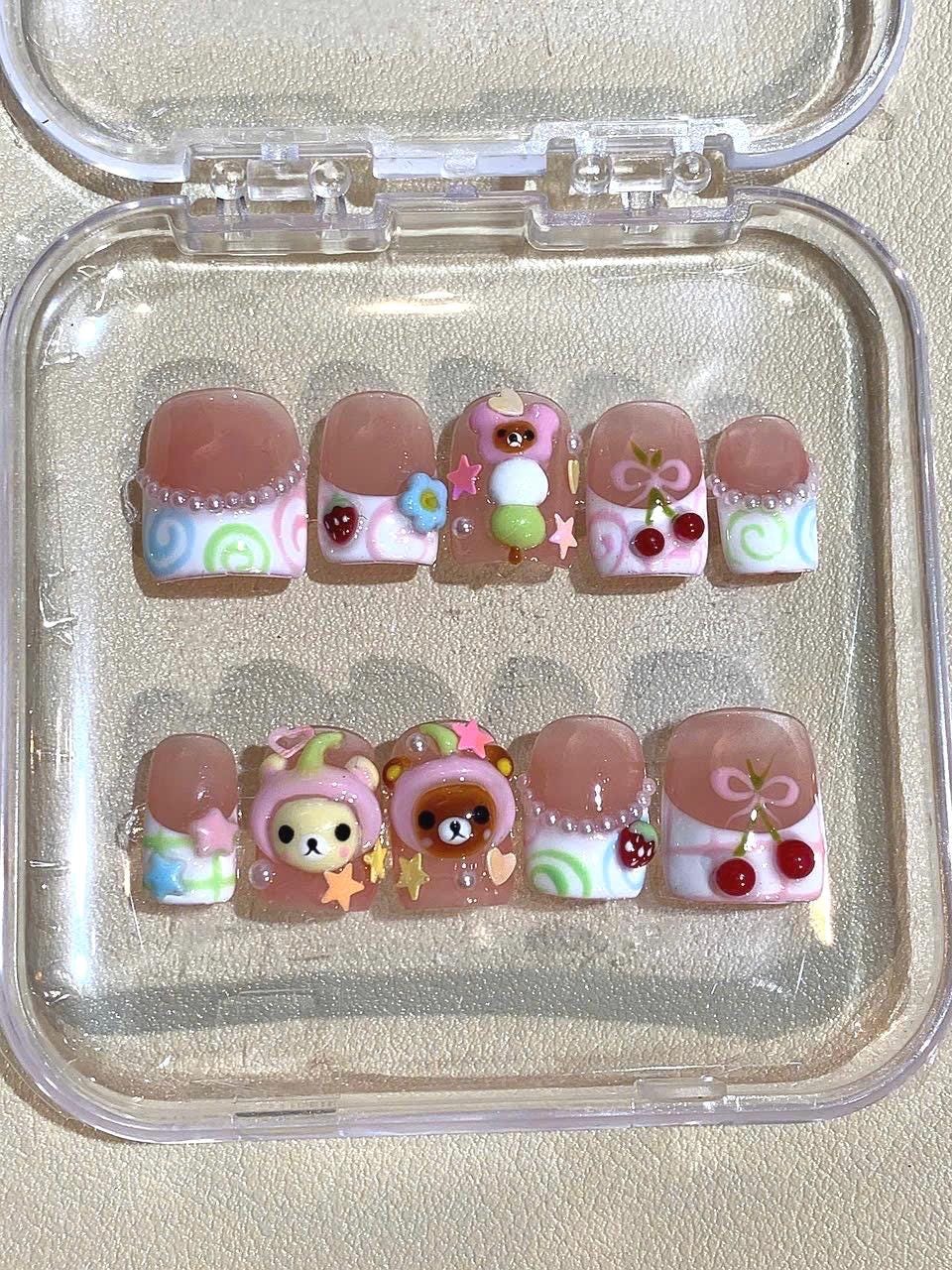 Y2K Kawaii Bear Cherry Press On Nails, 3D Japanese Inspired Nail Art