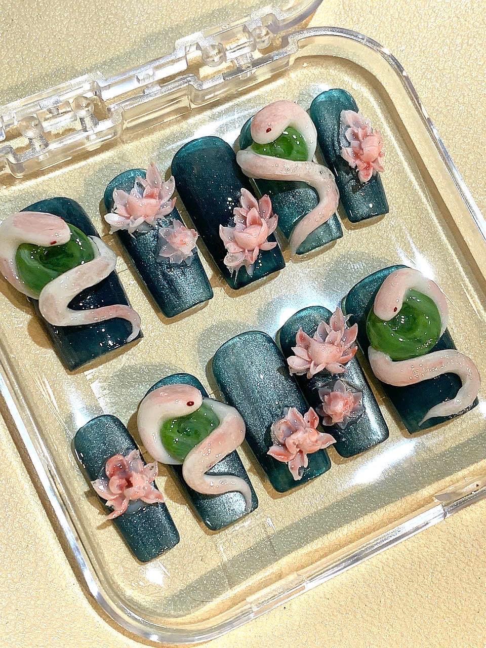3D Snake & Lotus Press On Nails: Dark Green Floral Nail Art