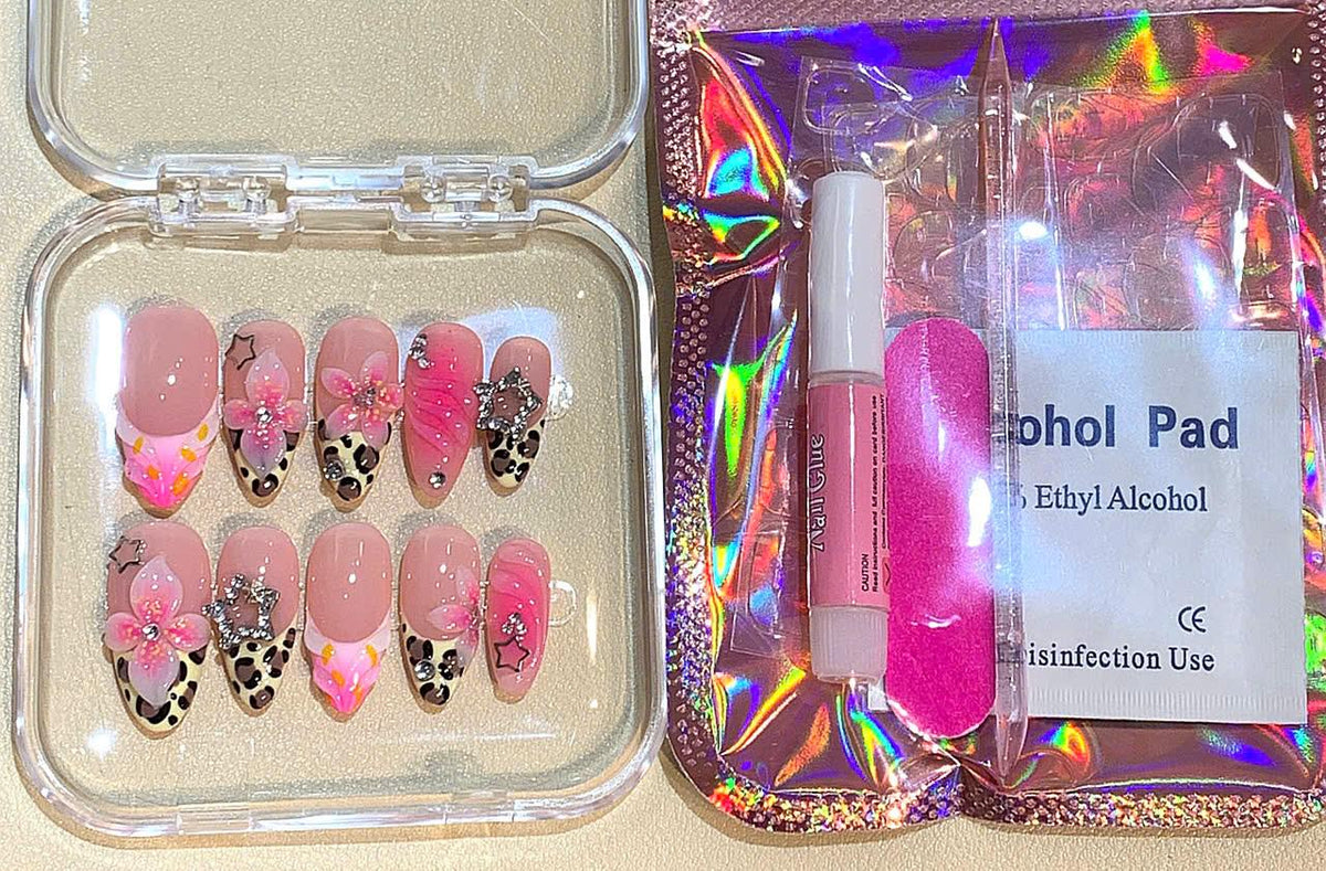 3D Floral Leopard Press On Nails: Pink Rhinestone Almond Nail Art