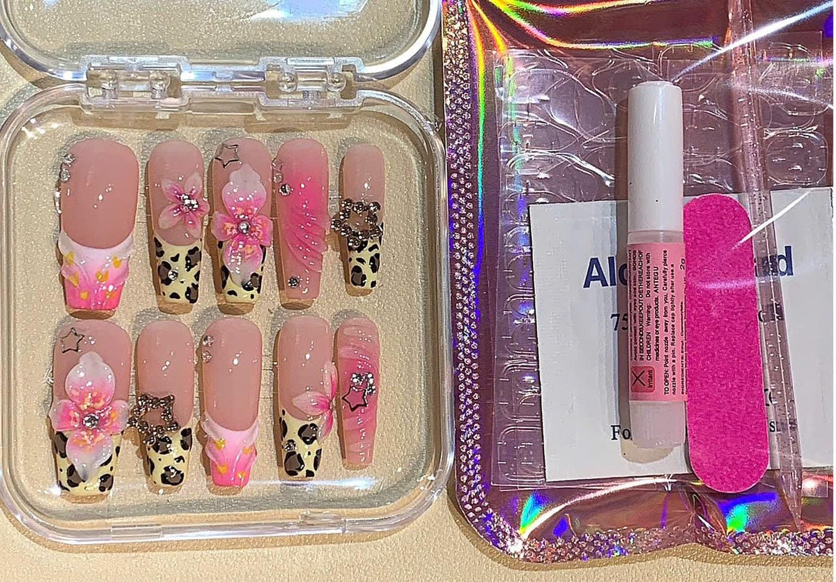 3D Floral Leopard Press On Nails: Pink Rhinestone Almond Nail Art