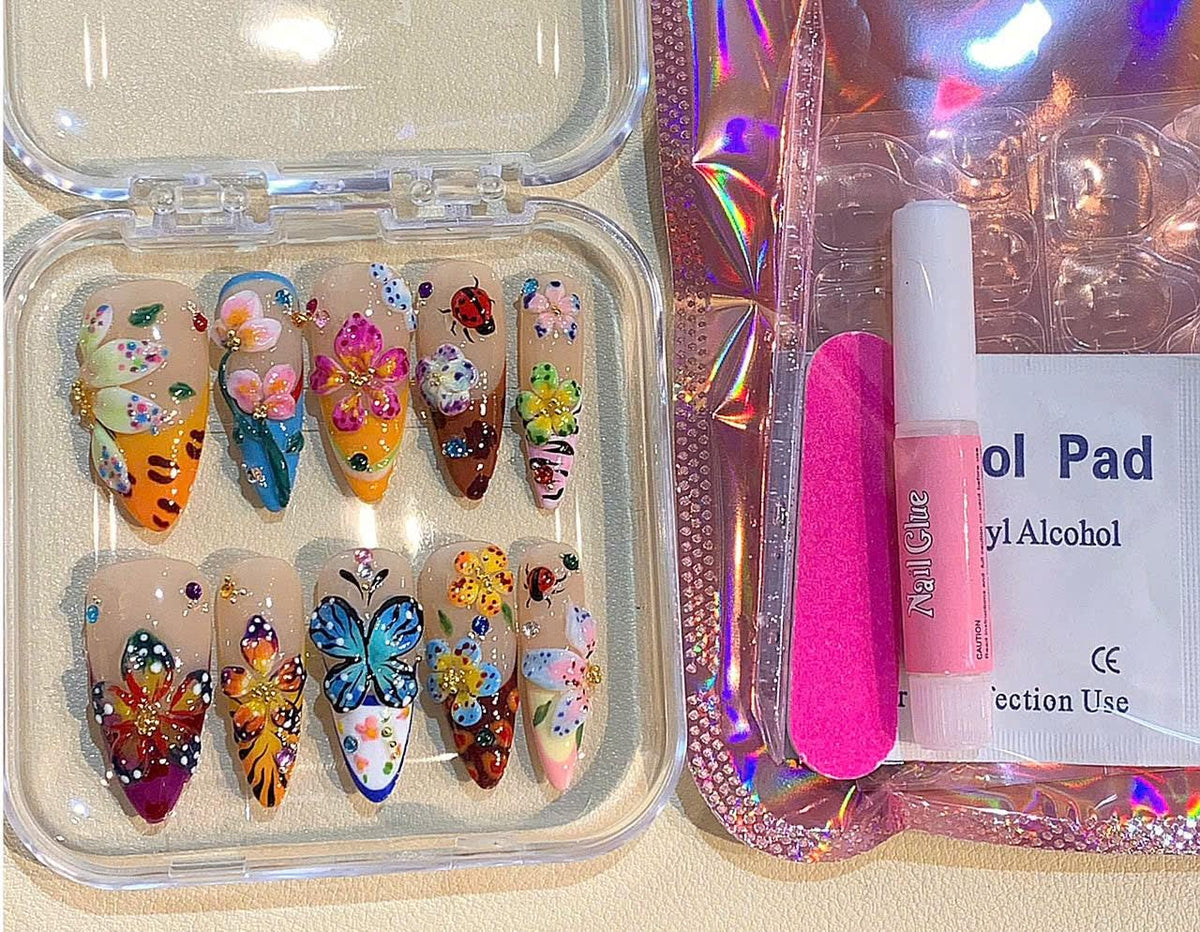 Flower Butterfly Press On Nails: 3D Floral Garden Nail Art