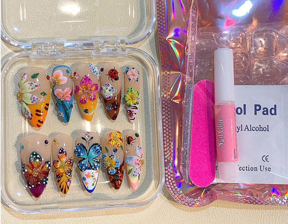Flower Butterfly Press On Nails: 3D Floral Garden Nail Art