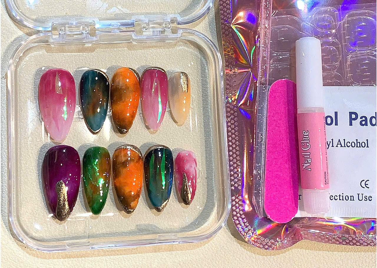 Hand-Painted Marble Press On Nails: Metallic Edge Abstract Nail Art