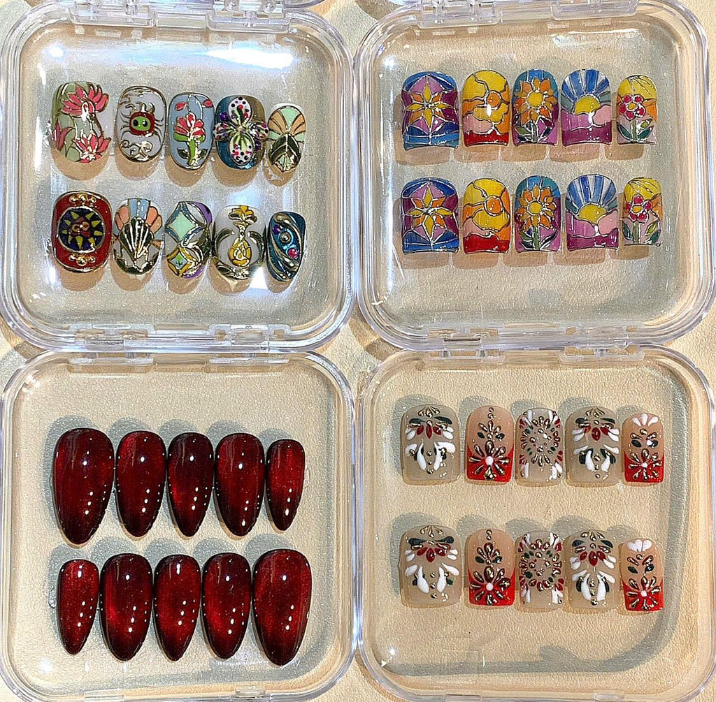 Vintage Floral Press On Nails: Red & Olive Green 3D Nail Art