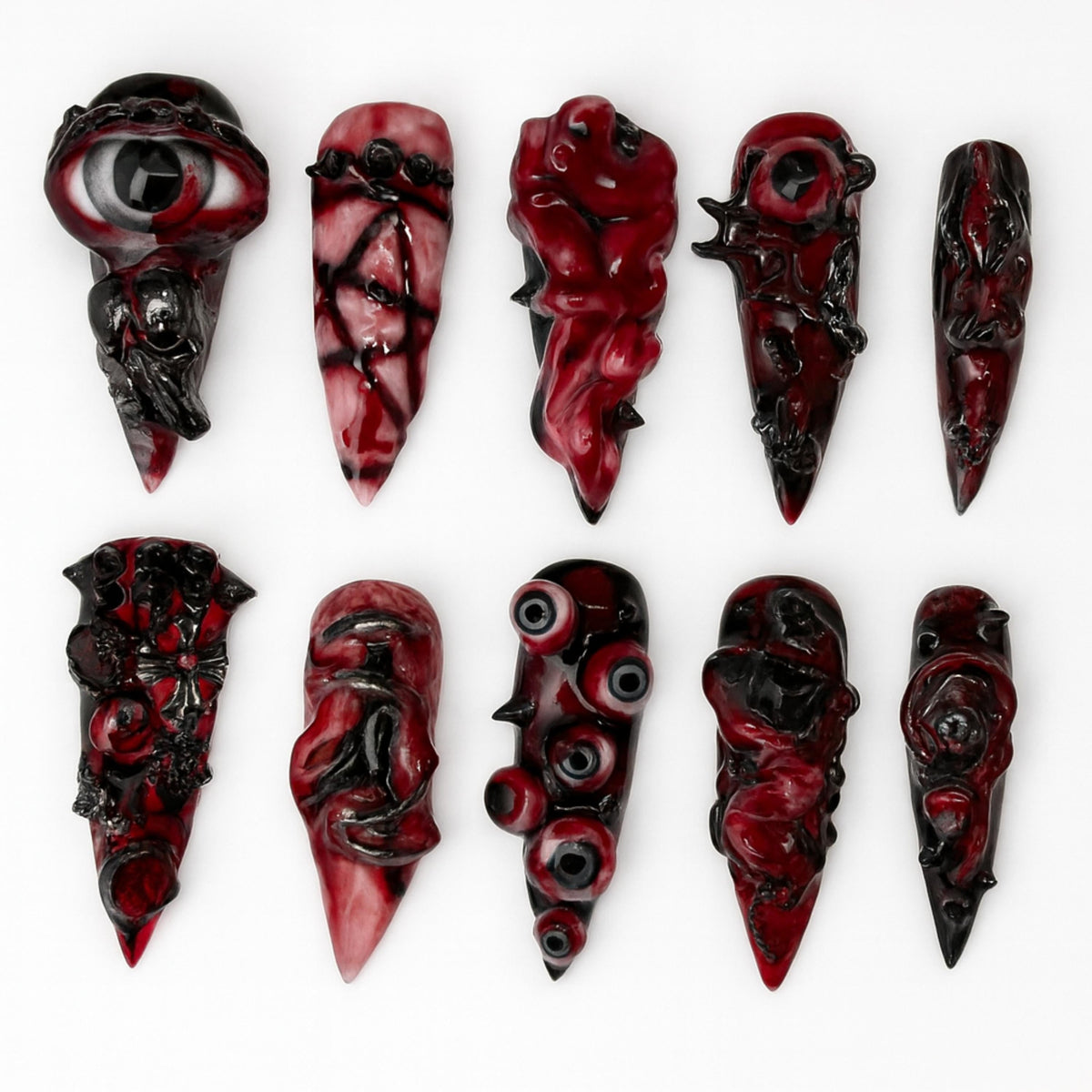 Handmade Horror Press On Nails | 3D Eyeballs, Gore Texture & Dark Abstract Sculpted Details | Red Black Stiletto Nails For Gothic Vibe