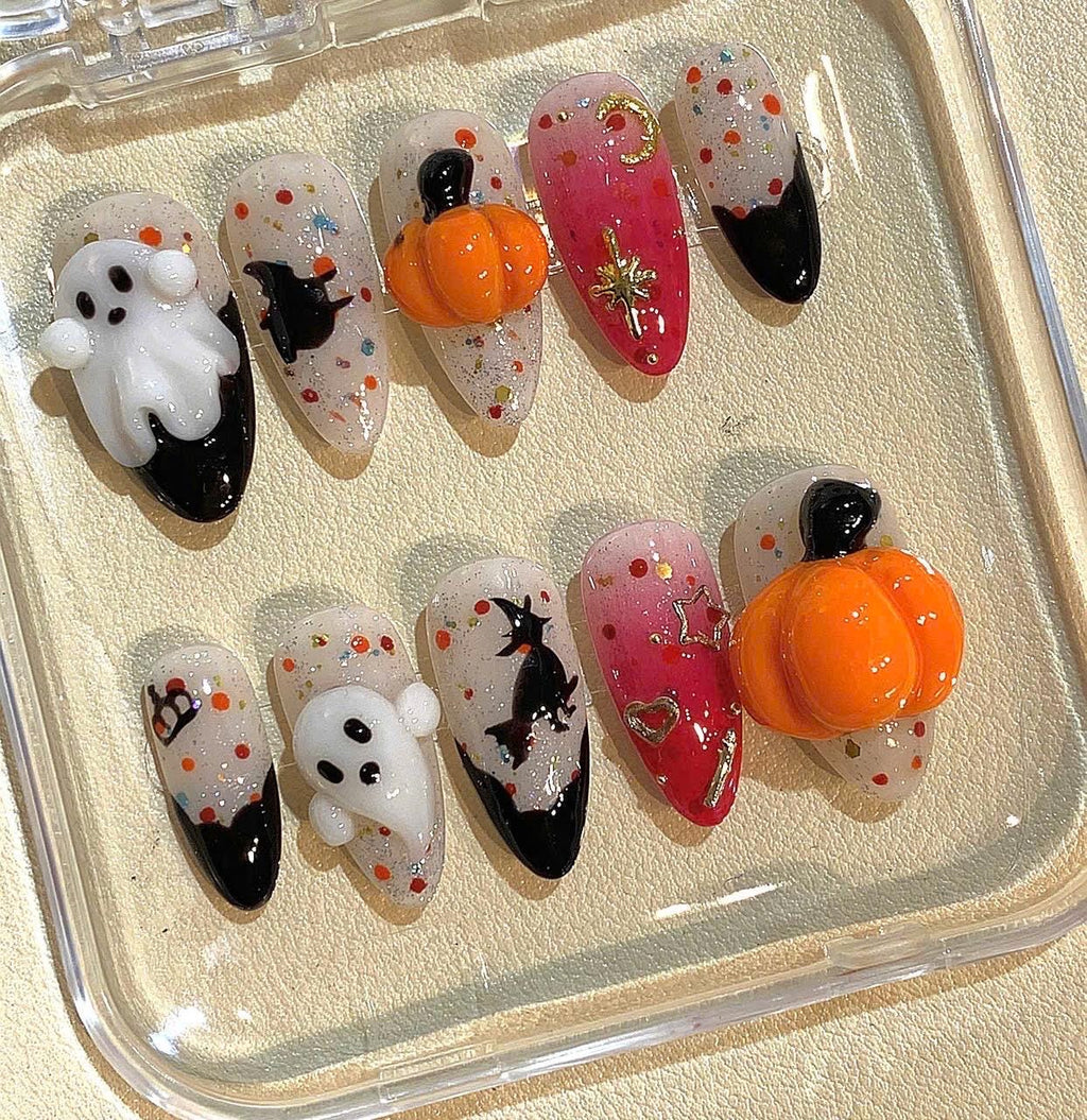 3D Ghost & Pumpkin Press On Nails: Spooky Halloween False Nails