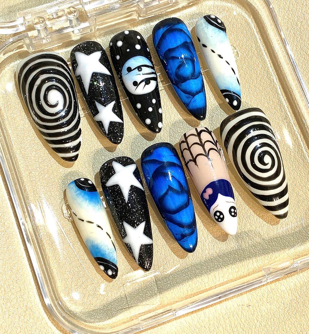 Gothic Spiral Star Press On Nails: Blue Black Stiletto Halloween Nail Art