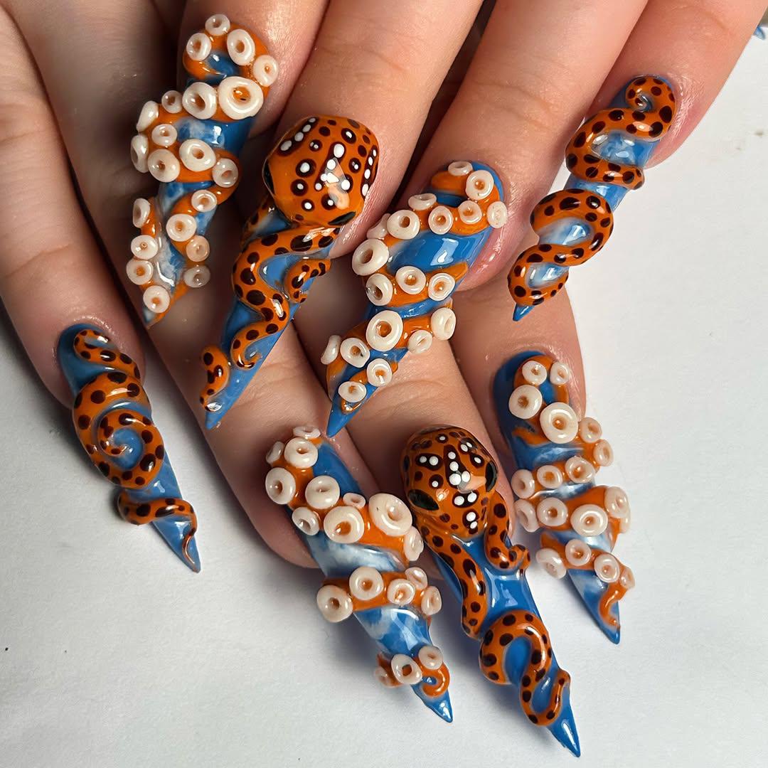 Deep Sea Octopus Press On Nails | 3D Tentacle Nail Art | Blue Ocean Stiletto Nails | Handmade Marine Life Press Ons | JB125HK