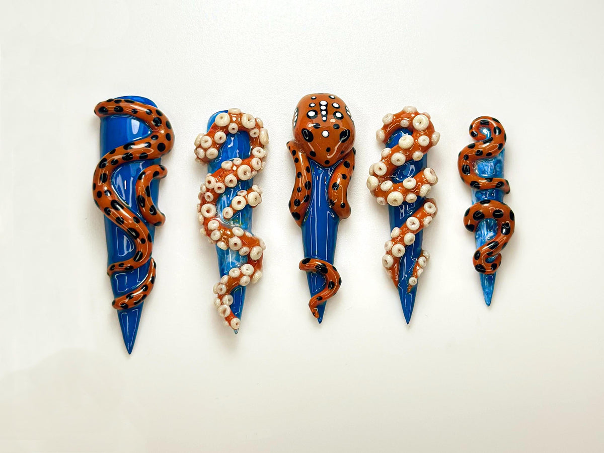 Deep Sea Octopus Press On Nails | 3D Tentacle Nail Art | Blue Ocean Stiletto Nails | Handmade Marine Life Press Ons | JB125HK