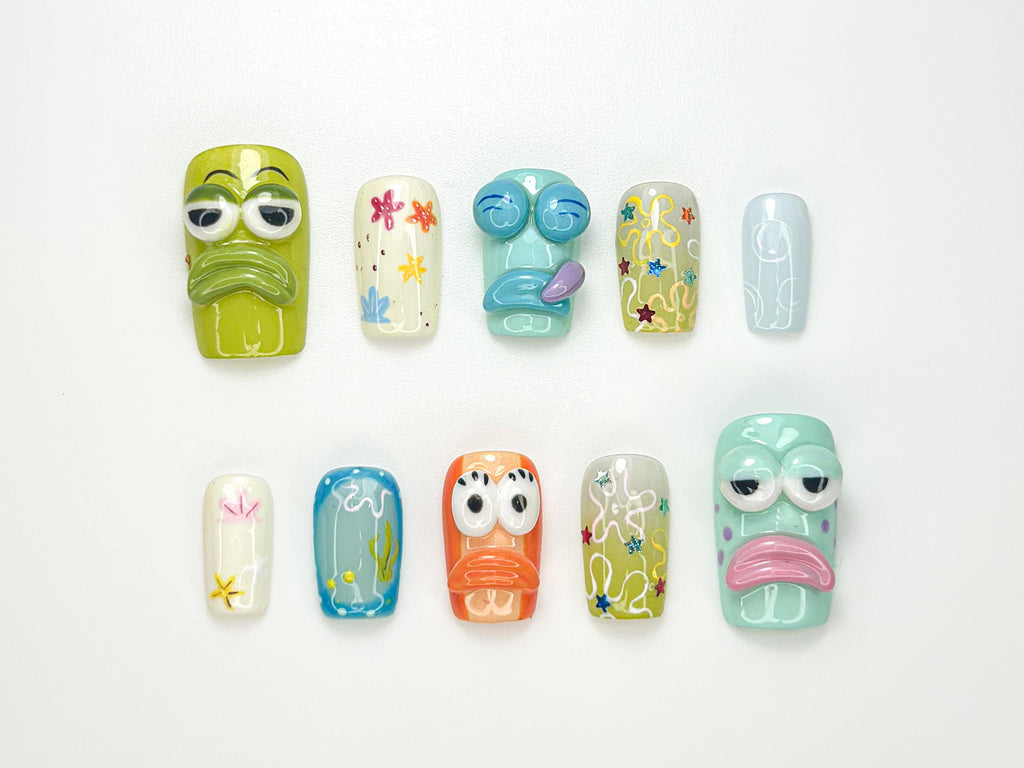 Bikini Bottom Cartoon Press On Nails | 3D Character Nail Art | Ocean & Starfish Themed Press Ons | Colorful Underwater Nail Set | JB127HC